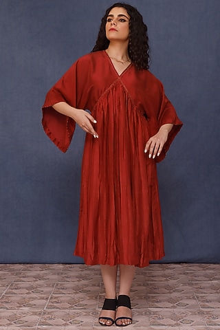 Red Silk Midi Dress by Chokhi Chorri